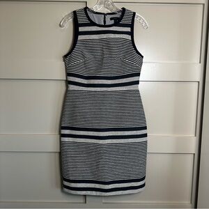 J Crew Sheath Dress Woven Striped Navy White Tweed Indigo Blue Bow Lined Sz 4P